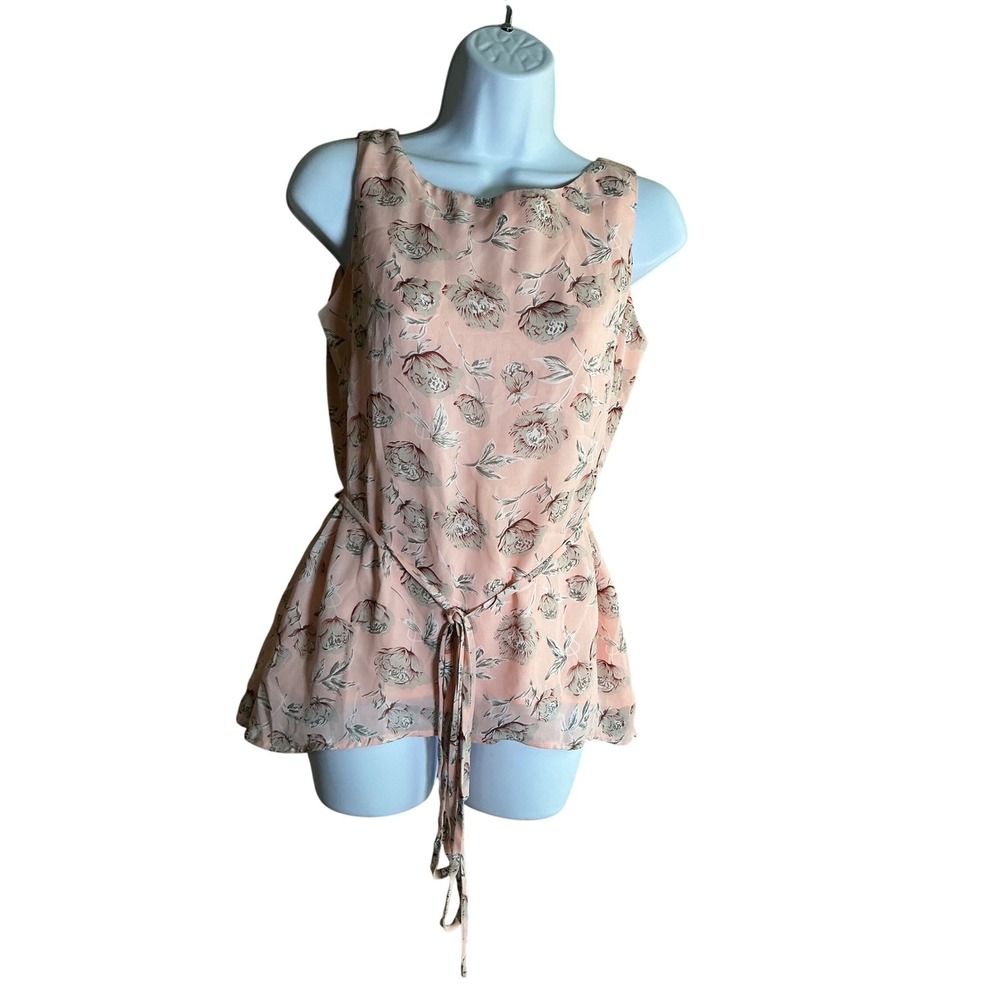 Vivant Womens Pink Floral Sleeveless Tie Waist Peplum Blouse Size S‎ 0533